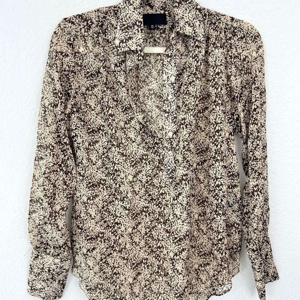Nili Lotan Womens Colleen Blouse Top Size XS 100% Silk Leaf Print Sheer Brown